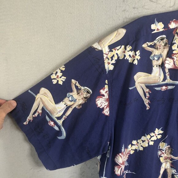 Vintage Hawaiian Shirt Mens 2X Blue Pinup Girls Retro Beach Bikinis Sailors - Picture 8 of 16